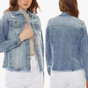 Kancan Women's Frayed Raw Hem Denim Trucker Jacket Blue Med Wash Size XL NWT
